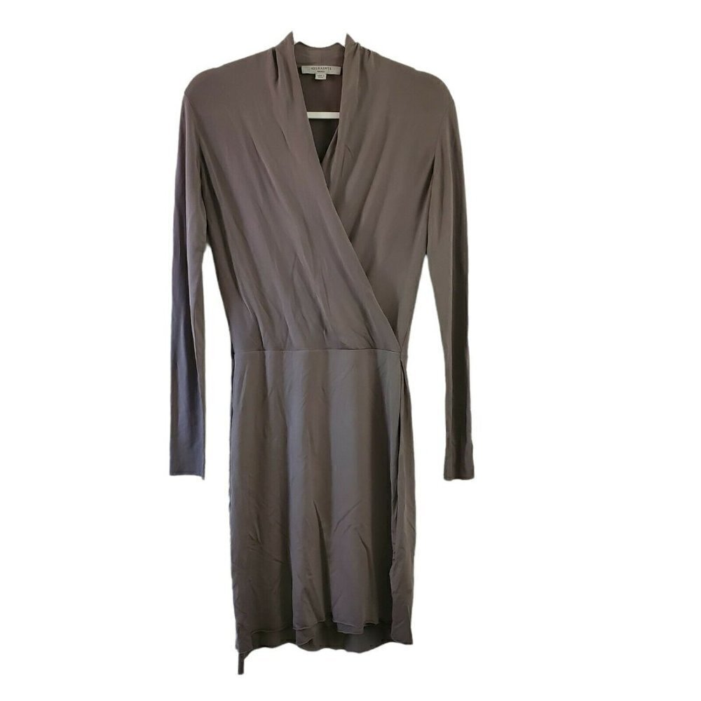All Saints Dress Small Gray Faux Wrap Tame Knee-length Long Sleeve V-Neck
